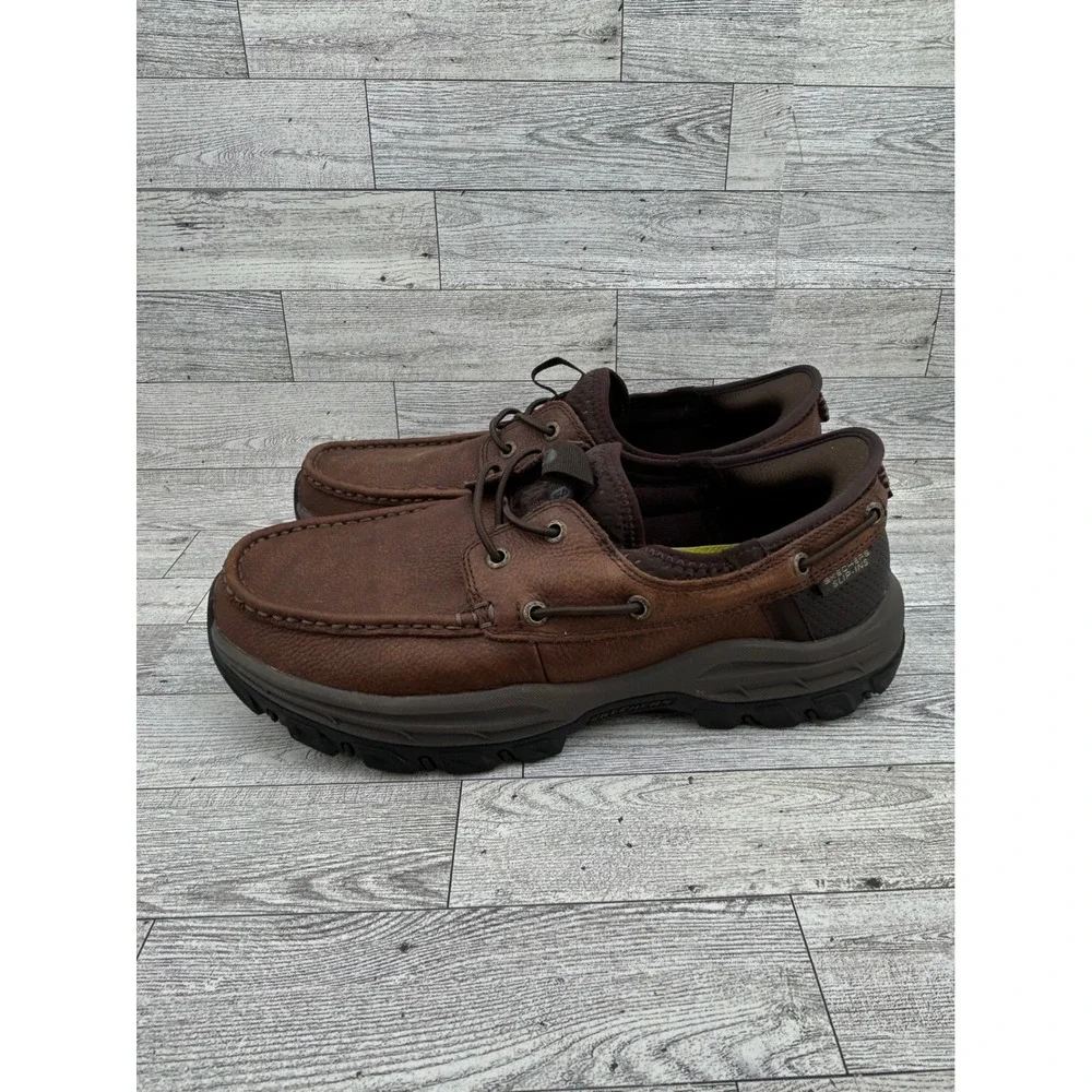 Skechers Slip-ins Expected Arago Brown Leather Boat Shoes 205188WW Men Sz 8.5WW‎